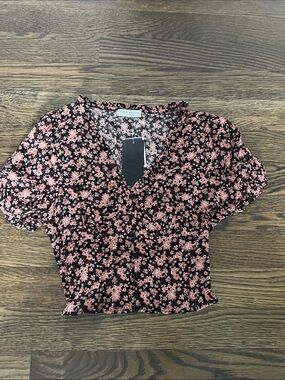 Paper Crane Black Crop Top with Pink Floral Print